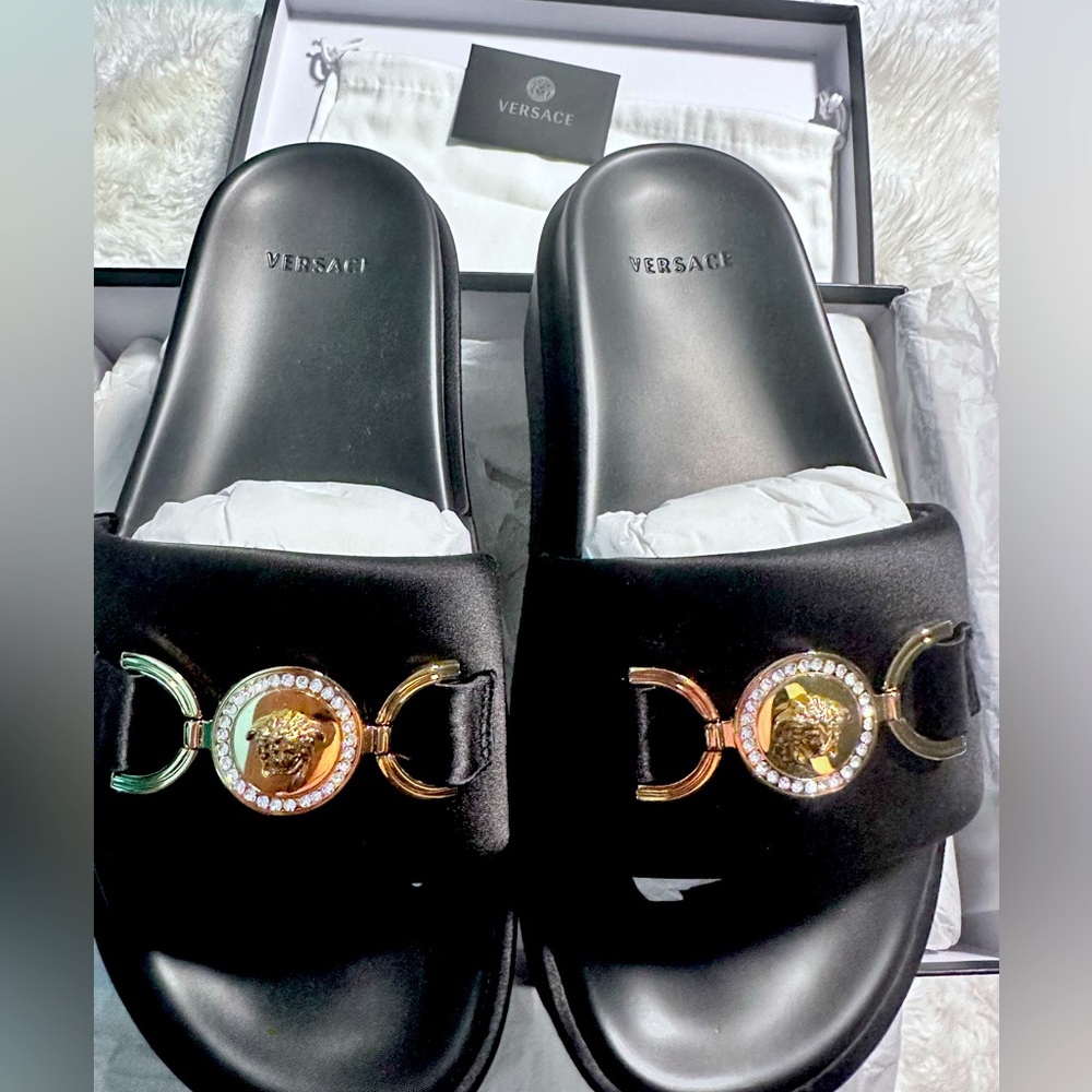 Versace Medusa Satin Embellished Platform Slide Sandals Size 8.5